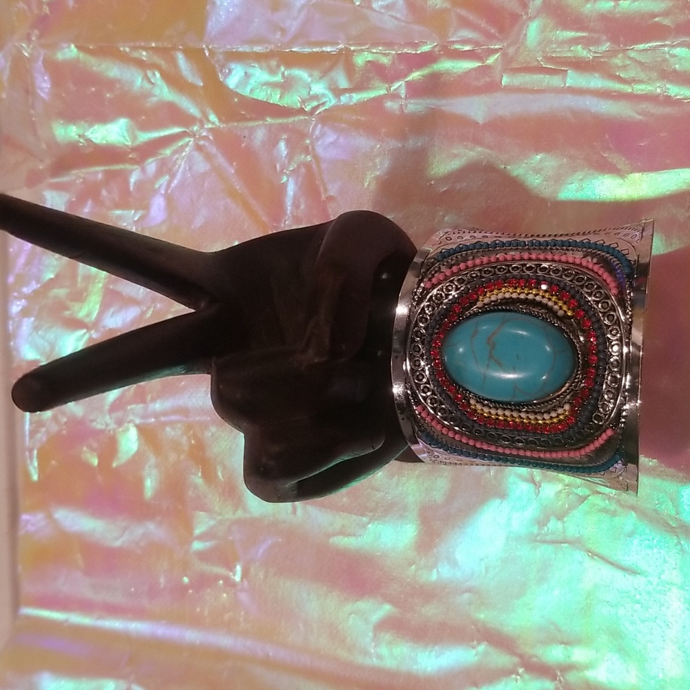 New Silver Cuff Bracelet with Turquoise Stone surrounded by rhinestones